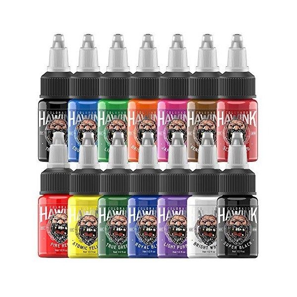 HAWINK Tattoo Ink Set Ensemble dencre de Tatouage 15 ml 14 oz 14 Bouteilles TI203-15-14 Tatouage
