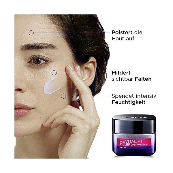 LOréal Paris Soin de nuit Revitalift Filler - Soin du visage anti-âge - Anti-rides et volume - Concentré dacide hyaluroniqu C...