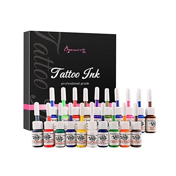 Beauty7 Encre de Tatouage - KIT COLORS 20 couleurs pour 5 millilitres Les meilleures couleurs et noirs - Vegan