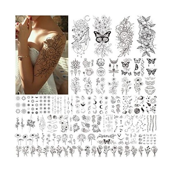 Acevegue 61 Feuilles Tatouages Temporaires, Fleurs, Papillons, Ailes Coquillage, Faux Tatouages Noirs pour Femmes et Filles, 