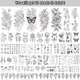 Acevegue 61 Feuilles Tatouages Temporaires, Fleurs, Papillons, Ailes Coquillage, Faux Tatouages Noirs pour Femmes et Filles, 
