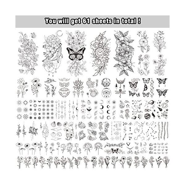 Acevegue 61 Feuilles Tatouages Temporaires, Fleurs, Papillons, Ailes Coquillage, Faux Tatouages Noirs pour Femmes et Filles, 