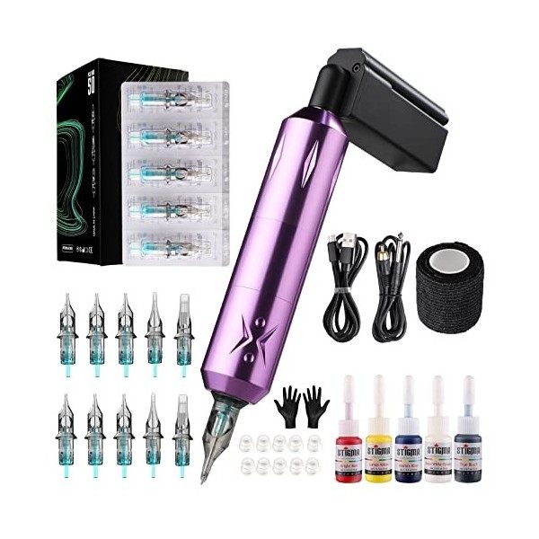 STIGMA Kit de Tatouage avec Batterie Machine à Tatouer Complète 50pcs Cartouches dAiguilles de Tatouage et Encres Colorées p