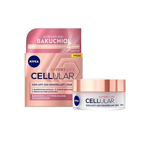 NIVEA Cellular EXPERT LIFT Soin de jour FPS 30 1 x 50 ml , crème anti-âge enrichie en Acide Hyaluronique et Bakuchiol, soin ...