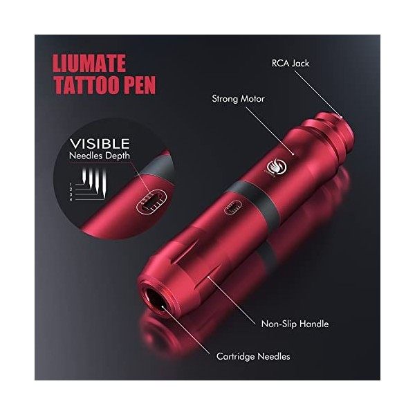 LIUMATE Kit Tatouage avec alimentation de tatouage sans fil Batterie 40 pièces Aiguilles de Cartouche 40 pièces Encre tasses 