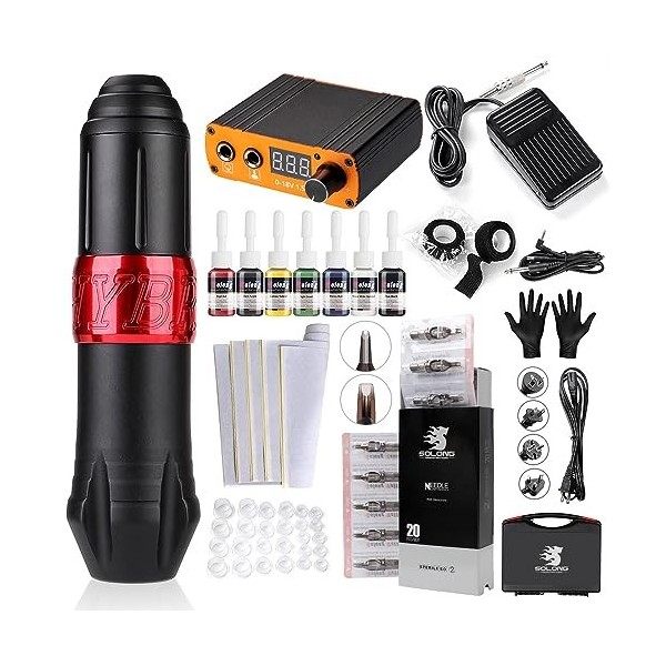 Solong Kit de Tatouage Tattoo Stylo Rotatif Hybride 20 Cartouches Daiguilles Source De Courant Pédale Machine à Tatouer EK12