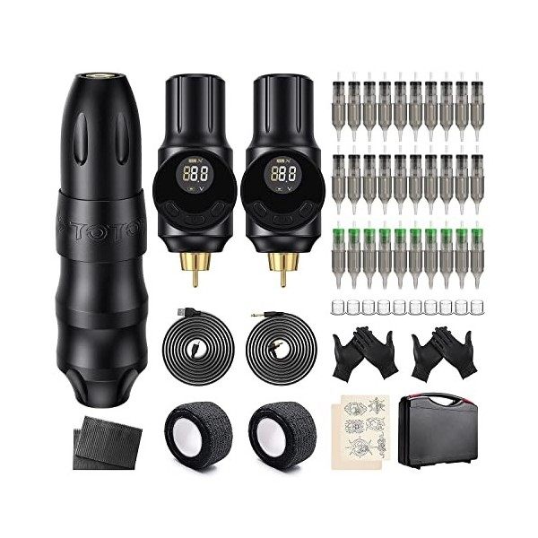 Biomaser Rotary Tattoo Machine Pen Kit with 2Pcs Wireless Power Supply 30 Piece Cartridges Needles For Beginner and Artist