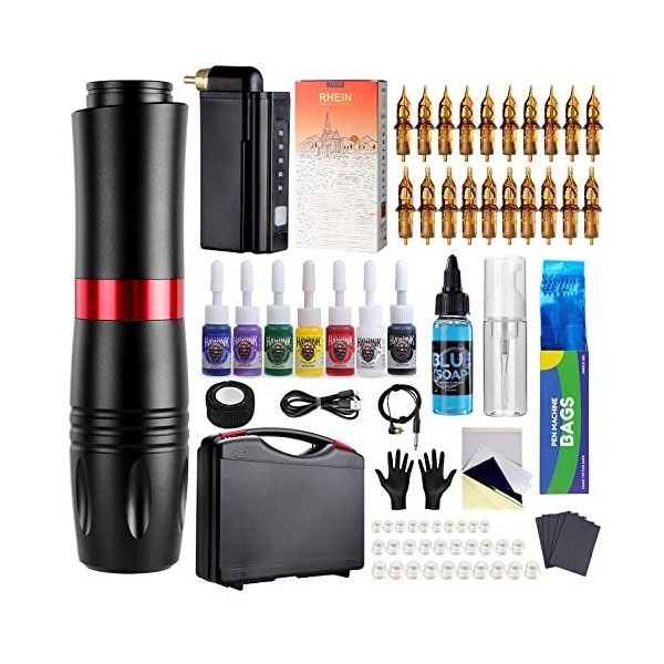 HAWINK Kit de stylo de tatouage Machine à pistolet rotatif avec alimentation sans fil pour tatouage 20 pièces cartouche 7 enc