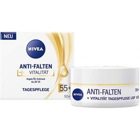 NIVEA Crème de jour anti-rides + vitalité SPF 15 55+ 50 ml , crème pour le visage à lhuile dargan et calcium, crème de jou Cr...