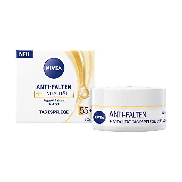 NIVEA Crème de jour anti-rides + vitalité SPF 15 55+ 50 ml , crème pour le visage à lhuile dargan et calcium, crème de jou Cr...