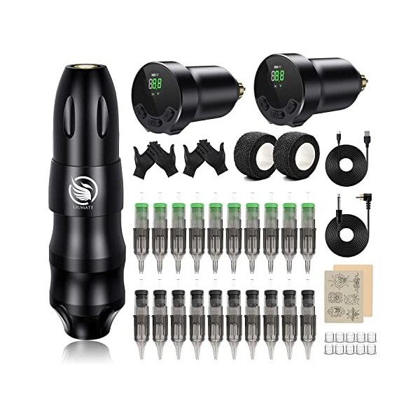 LIUMATE Kit de stylo de tatouage rotatif avec 2pcs sans fil batterie Alimentation Machine à tatouer Kit Professionnel avec 20