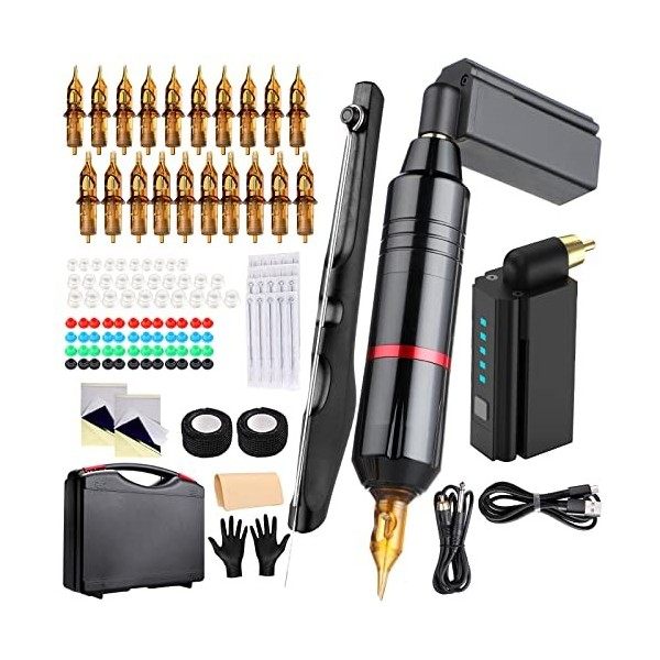 HAWINK Kit de stylo rotatif pour machine à tatouer sans fil Main Poke a Stick 20pcs Aiguilles de tatouage Cartouche Tattoo Gr