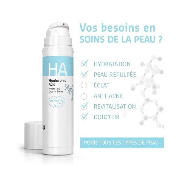 Creme Acide Hyaluronique Visage 50ml - Soin Anti Rides Hydratant pour une Peau Lissée et Rajeunie - Acide Hyaluronique Eau de...