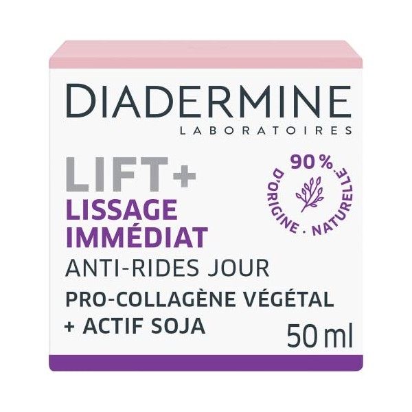 Diadermine - Lift+ Lissage Immédiat - Crème de Jour Visage Anti-Rides Ultra Tenseur - Soin Fermeté - Pro-Collagène végétal et...