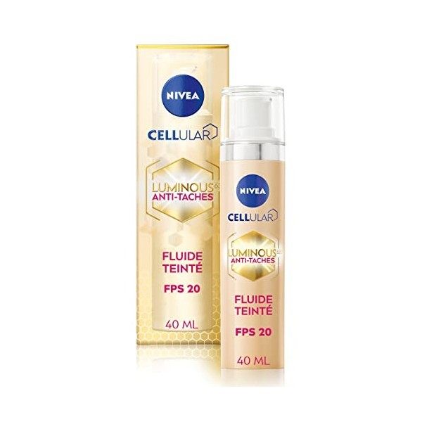 NIVEA CELLULAR LUMINOUS Fluide teinté FPS20 1 x 40 ml , Soin visage anti taches pigmentaires s’adaptant à la carnation, Crèm ...