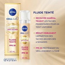 NIVEA CELLULAR LUMINOUS Fluide teinté FPS20 1 x 40 ml , Soin visage anti taches pigmentaires s’adaptant à la carnation, Crèm