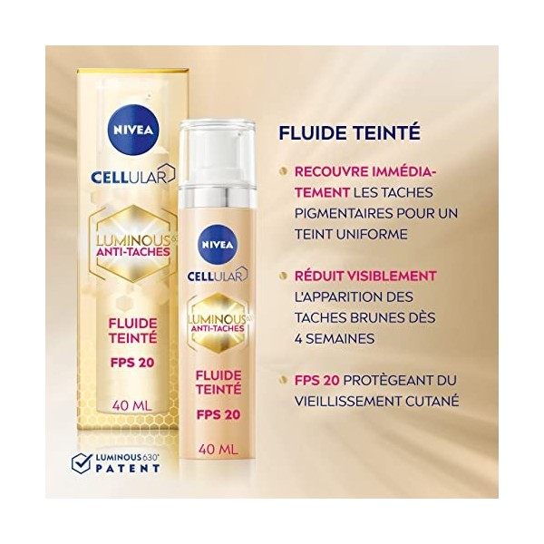 NIVEA CELLULAR LUMINOUS Fluide teinté FPS20 1 x 40 ml , Soin visage anti taches pigmentaires s’adaptant à la carnation, Crèm ...