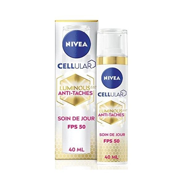NIVEA Cellular Luminous 630® Soin de Jour Protecteur FPS 50 anti-taches 1 x 40 ml , soin visage enrichi en Acide hyaluroniqu ...