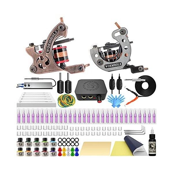 Worm Hole tatouage tattoo kit complet avec Case 2 aiguilles Machines Dual Power Supply 30 Tattoo Tatouage 10 encres couleur p