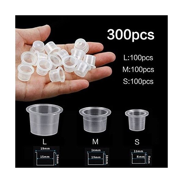 300 PCS Tasses d’Encre de Tatouage en Plastique Caps Encre Tatouage 3 Tailles Cup Tattoo Ink Capuchon Encre Tatouage Transpar