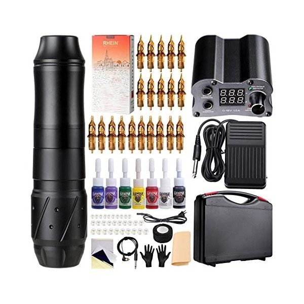 HAWINK Tattoo Kit Complete Rotary Tattoo Machine Pen Kit LED Alimentation 20Pcs Cartouches Aiguilles 7 Couleurs Encre Pédale 