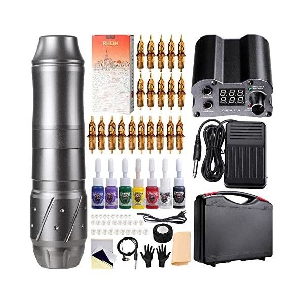 HAWINK Tattoo Kit Complete Rotary Tattoo Machine Pen Kit LED Alimentation 20Pcs Cartouches Aiguilles 7 Couleurs Encre Pédale 