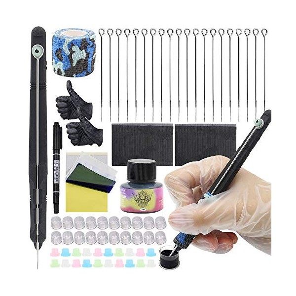 Hand Poke and Stick Tattoo Kit - Rayyl Stick and Poke Pen Kit 3D Hand Poke Pen 20pcs Aiguilles de tatouage Encre de tatouage 