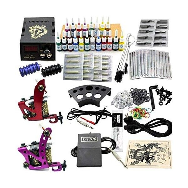 Tattoo Kit de Tatouage Complète 2 Machine à Tatouer Professionnelle 50 Encres Alimentation Aiguille Peau de pratique de Tatou