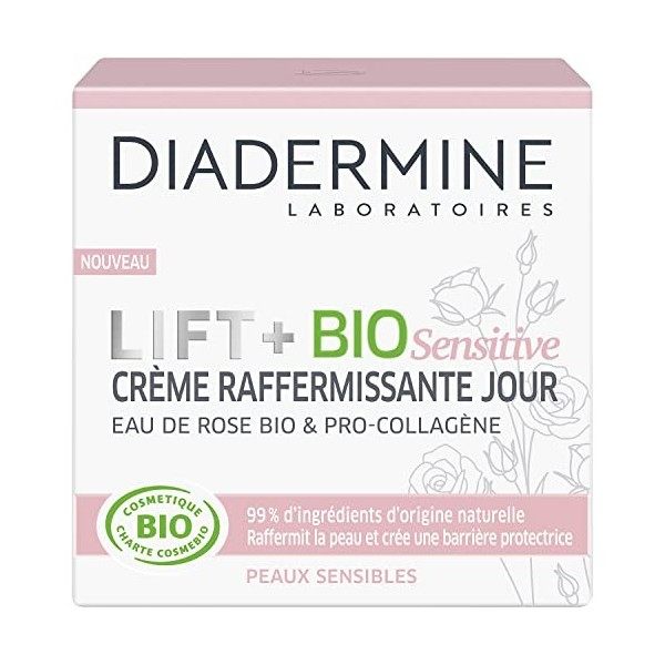 Diadermine - Lift + BIO Sensitive - Crème Raffermissante Jour - Soin du Visage - Peaux Sensibles - Eau de Rose BIO et Pro Col...
