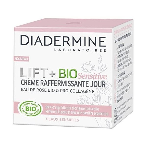 Diadermine - Lift + BIO Sensitive - Crème Raffermissante Jour - Soin du Visage - Peaux Sensibles - Eau de Rose BIO et Pro Col...