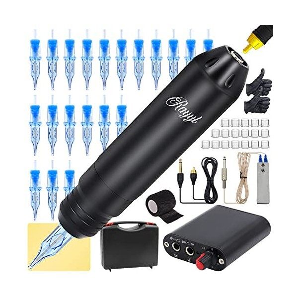 Rayyl Tattoo Pen Kit - Kit de tatouage Pen Machine Mini Tattoo Power Supply 20pcs Aiguilles de tatouage Cartouche Tattoo Grip