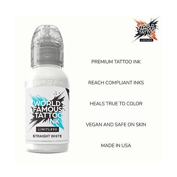 World Famous Limitless Tattoo Ink, Vegan Professional Premium Encre de tatouage permanente, Blanc droit, 240 ml