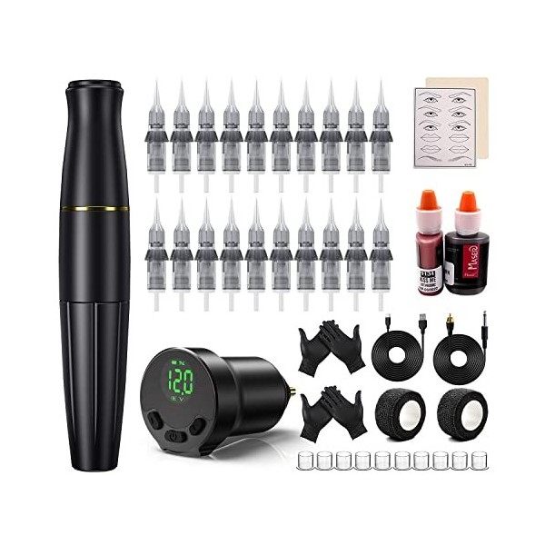 Permanent Makeup Machine Kit - BIOMASER Permanent Makeup Tattoo Rotary Pen Cordless Battery Pack With 20 Pcs Cartridges Needl