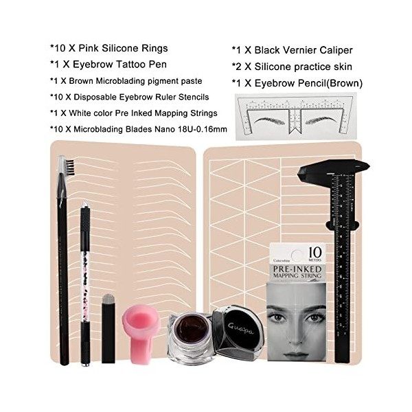 Microblading Sourcil Kit -37 pièces pour Débutants et Maîtres avec des Nano Lames Pigmentées de Microblading U 18 peau de Pra