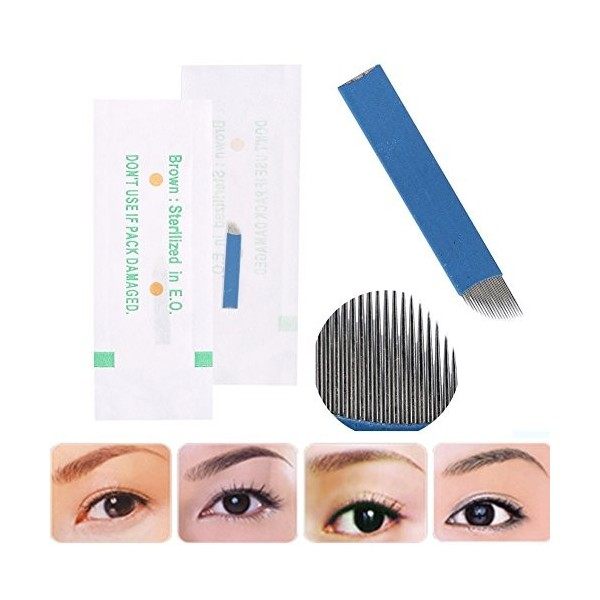 50pcs 3D Aiguilles de Sourcils Tatouage Manuel Microblading Permanent Tattoo Stérile Aiguille 18 Broches Lame,Aiguille de tat