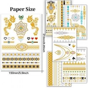 Gerhannery Tatouages Temporaires, 12 Planches Temporaires Tattoos, Imperméables Autocollants Métalliques Étanche Dorés Faux T