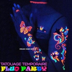 FRANCE HAIR BEAUTE Soiree Fluo Papillon Fluorescent 2 Planches + 1 Gratuite en Plus. Tatouages temporaires Fluo