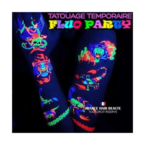 Soiree Fluo Tatouages Fluorescents Temporaires. 2 Planches DIFFERENTES + 1 Gratuite RAJOUTEE. Top qualité Fluo. Special disco