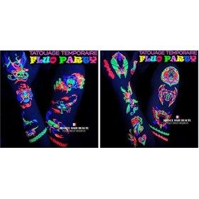 Soiree Fluo Tatouages Fluorescents Temporaires. 2 Planches DIFFERENTES + 1 Gratuite RAJOUTEE. Top qualité Fluo. Special disco