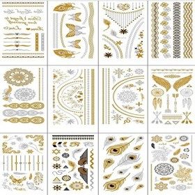 Tatouage Temporaire Femm Fille Tatouages Temporaires Planches de Tatouages Éphémères Métalliques Tattoos Éphémères Autocollan