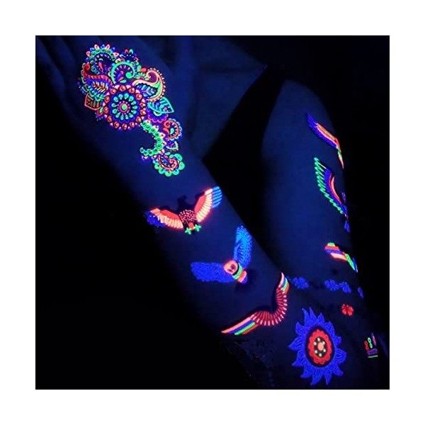 Tatouages FLUORESCENTS TEMPORAIRES. Soiree Fluo 2 Planches + 1 Gratuite