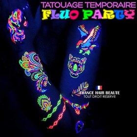 Tatouages FLUORESCENTS TEMPORAIRES. Soiree Fluo 2 Planches + 1 Gratuite