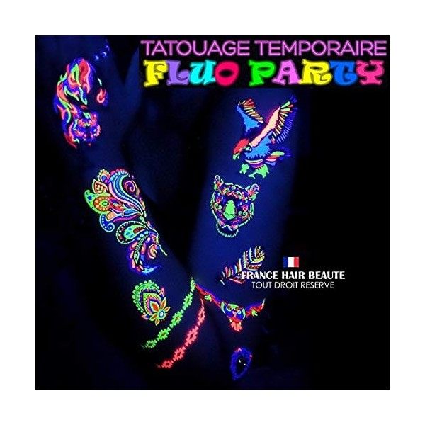 Tatouages FLUORESCENTS TEMPORAIRES. Soiree Fluo 2 Planches + 1 Gratuite