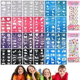 Shinybox 24 Feuilles Modèle de Tatouage, 232 Pièces Pochoirs Réutilisables et 2 Feuille de Strass, Pochoirs de Peinture Visag
