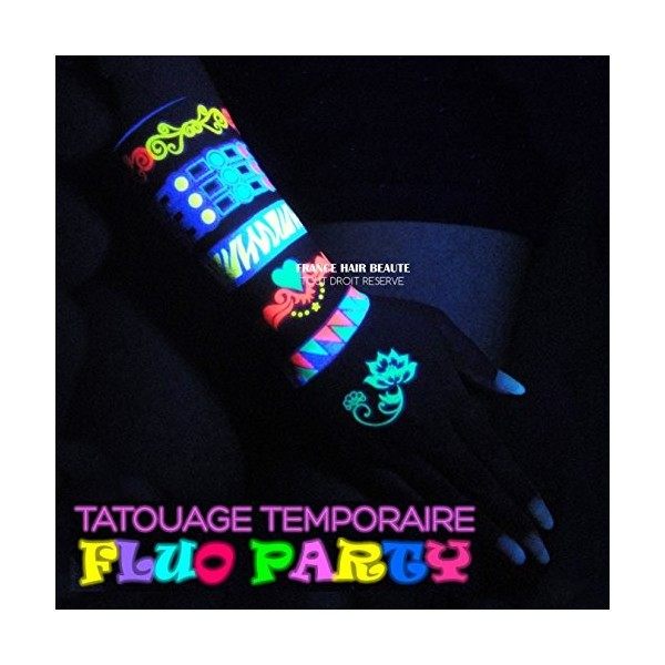 Soiree Fluo 2 Planches + 1 Gratuite Tatouages TEMPORAIRE EPHEMERE Top Qualite Superbe Effet