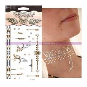 Tatouage éphémère métal Bracelet Lune et plumes doré et argent, Planche Tattoo: 15,5 x 9,5 cm