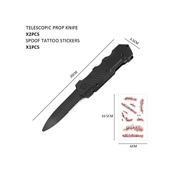 Accessoires en plastique 2 pièces, avec autocollant de tatouage 1 pc, faux couteau rétractable, couteau à poignard disparaiss
