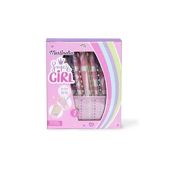 Martinelia Tatouages Éphémères pour Enfant Super Girl - Pochoirs et Stylos de Tatouage Corporel Paillettes et Autocollants - 