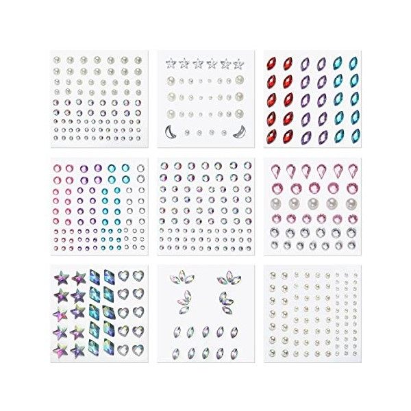 KINBOM 9 Feuilles Autocollants Bijoux, Strass Autocollants Adhésif Diamant Visage Maquillage Gemmes Visage Autocollant Perle 