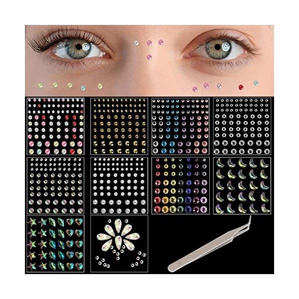 10 Feuilles Strass Visage Autocollant Gemmes Visage Stickers Corps Autocollants dOeil Auto-Adhésifs Arc-En-Ciel pour Accesso